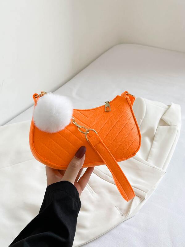 Neon Orange Chevron Pom Pom Decor Hobo Bag