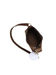 Chevron Pom Pom Decor Hobo Bag - Coffee Brown - View 4