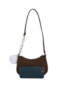 Chevron Pom Pom Decor Hobo Bag - Coffee Brown - View 5