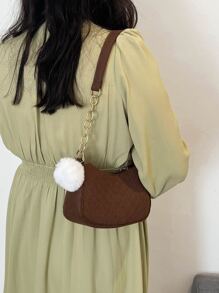 Chevron Pom Pom Decor Hobo Bag - Coffee Brown - View 7