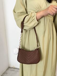 Chevron Pom Pom Decor Hobo Bag - Coffee Brown - View 8
