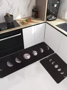 1pc Moon Phase Pattern Printed Kitchen Floor Mat, Soft Plush Rectangular Anti-Slip Absorbent Mat Suitable For Home Kitchen Dining Room Living Room ,Room Decor - Multicolor - View 1