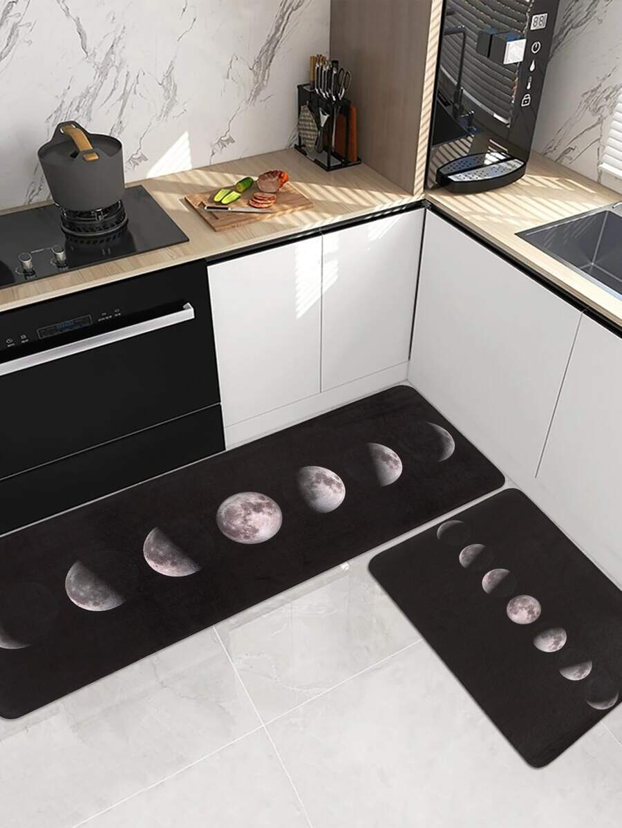 1pc Moon Phase Pattern Printed Kitchen Floor Mat, Soft Plush Rectangular Anti-Slip Absorbent Mat Suitable For Home Kitchen Dining Room Living Room ,Room Decor - Multicolor - View 1