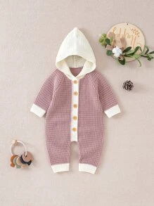 Baby Button Front Hooded Knit Jumpsuit - Pink - View 1