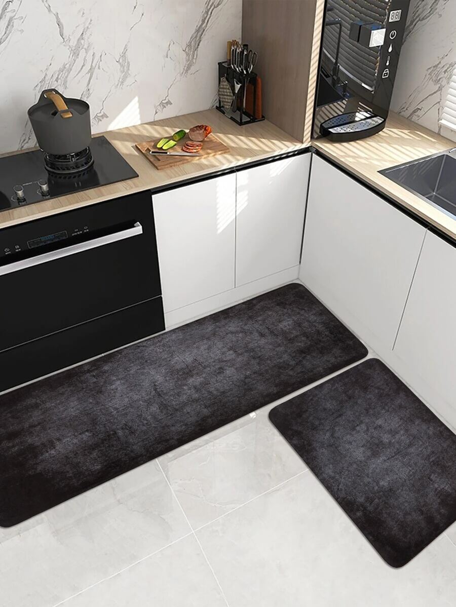 1pc Plain Kitchen Rug, Grey Polyester Floor Mat For Kitchen