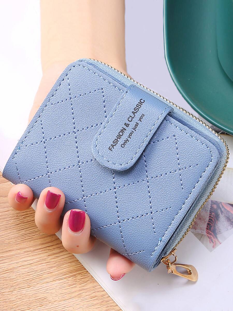 字母图案缝线细节小钱包零钱包小钱包双折拉链女士钱包便携、钱、现金白领人士、女大学生、工作、商务、通勤、办公室、周年纪念、情侣、生日礼物、情人节礼物、礼物 - 藍色 - 查看 1