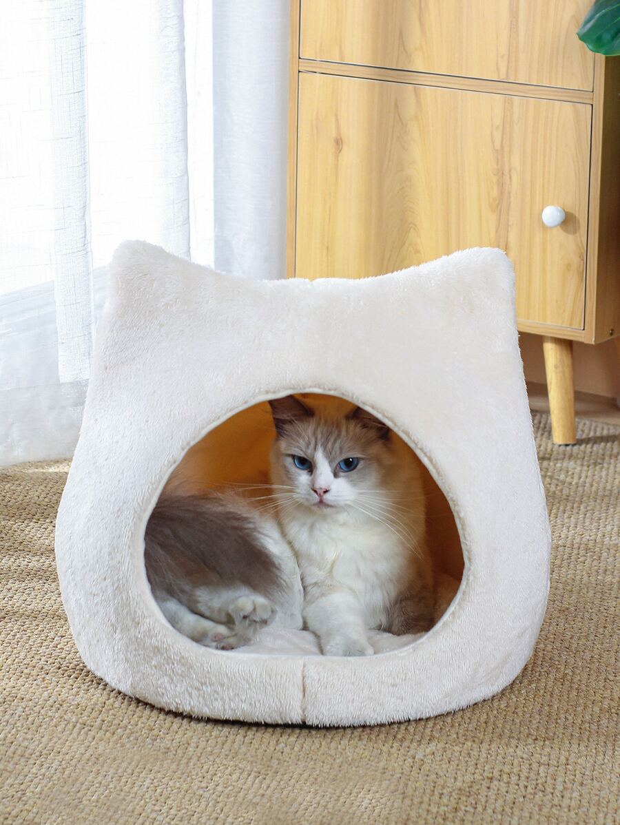 1pc Plush Cat Ear Design Shaped Pet Bed For Cat For Sleeping Puppy Keep Dog Bed Cat Bed Easy To Clean - White - View 1
