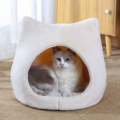 1 件装毛绒猫耳设计形状宠物床适用于猫咪睡觉小狗饲养狗床猫床易于清洁