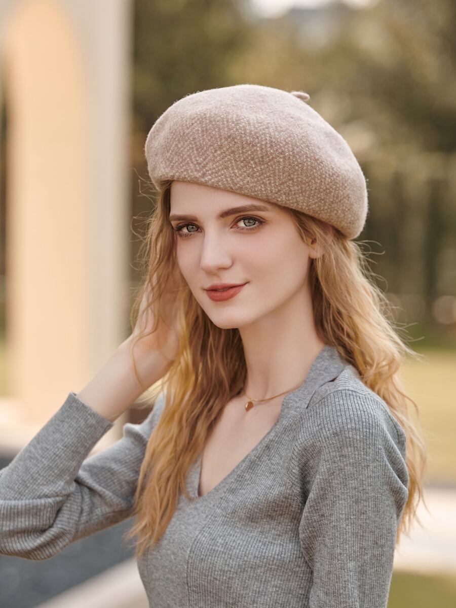 100% Wool Solid Beret - Apricot - View 1