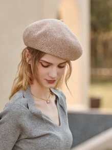 100% Wool Solid Beret - Apricot - View 3
