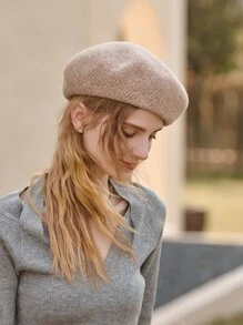 100% Wool Solid Beret - Apricot - View 6