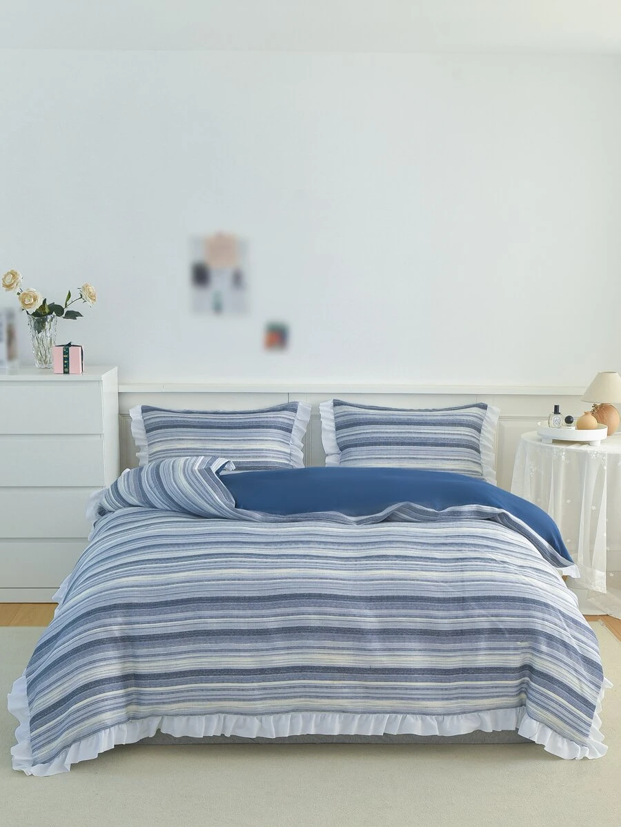 Striped Pattern Ruffle Decor Duvet Cover Set Without Filler - Multicolor - View 1