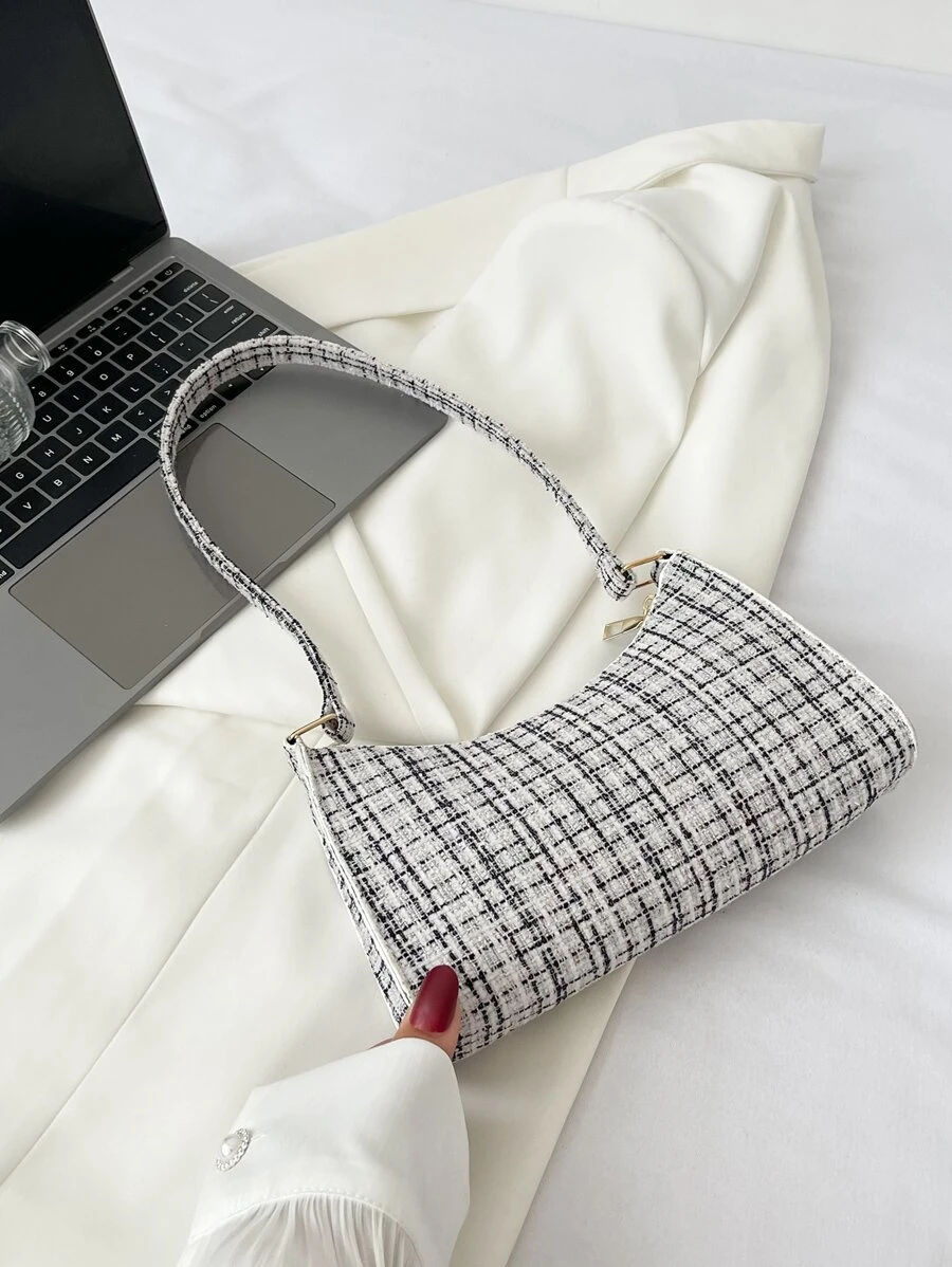 Plaid Pattern Bag Handbag,Shoulder Bag Minimalist,Casual Lightweight,Portable For Women, Rookies & White-Collar Workers,For Teacher Gifts,For Girl,For Woman Gift Bag,Work ,Business,Commute,Shopping - Black and White - View 1