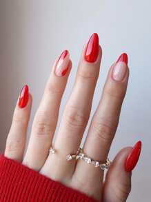 Get Glamorous With 24pcs Long Almond Red Plain French Colorblock Fake Nail & 1pc Nail File & 1pc Nail Tape