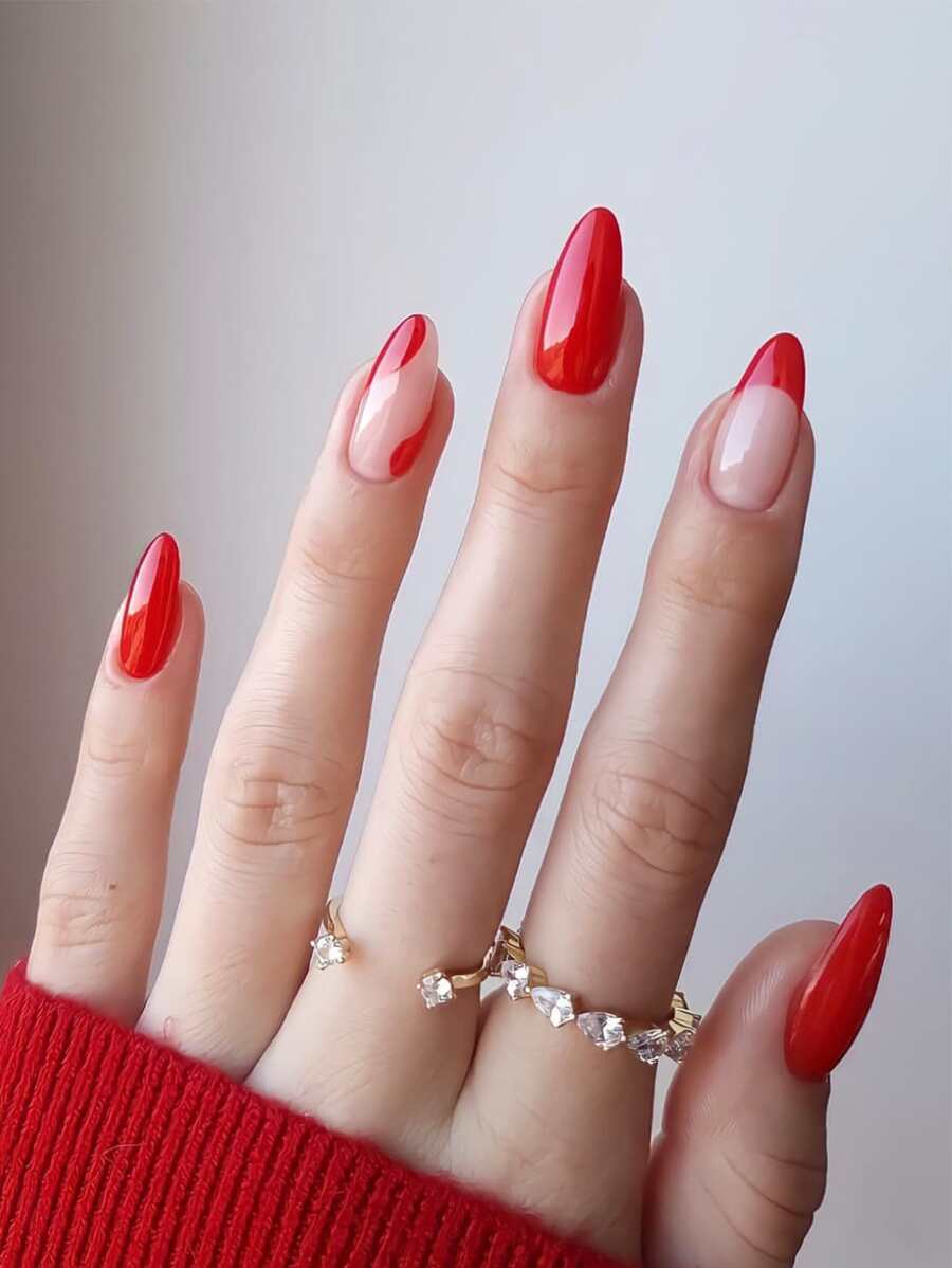 Get Glamorous With 24pcs Long Almond Red Plain French Colorblock Fake Nail & 1pc Nail File & 1pc Nail Tape