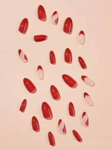 Get Glamorous With 24pcs Long Almond Red Plain French Colorblock Fake Nail & 1pc Nail File & 1pc Nail Tape