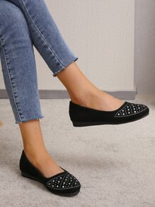 女式水鑽裝飾仿麂皮平底鞋，時尚百搭鞋，女鞋