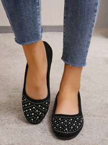 女式水鑽裝飾仿麂皮平底鞋，時尚百搭鞋，女鞋