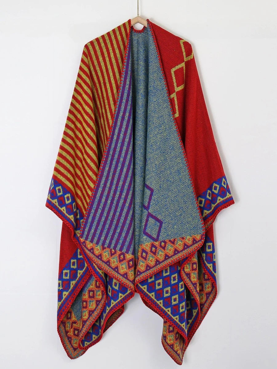 1pc Women Striped & Geometric Pattern Vintage Shawl, For Daily Life ...