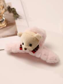 Cartoon Bear Head Decor Fuzzy Hair Claw - Pink - View 1