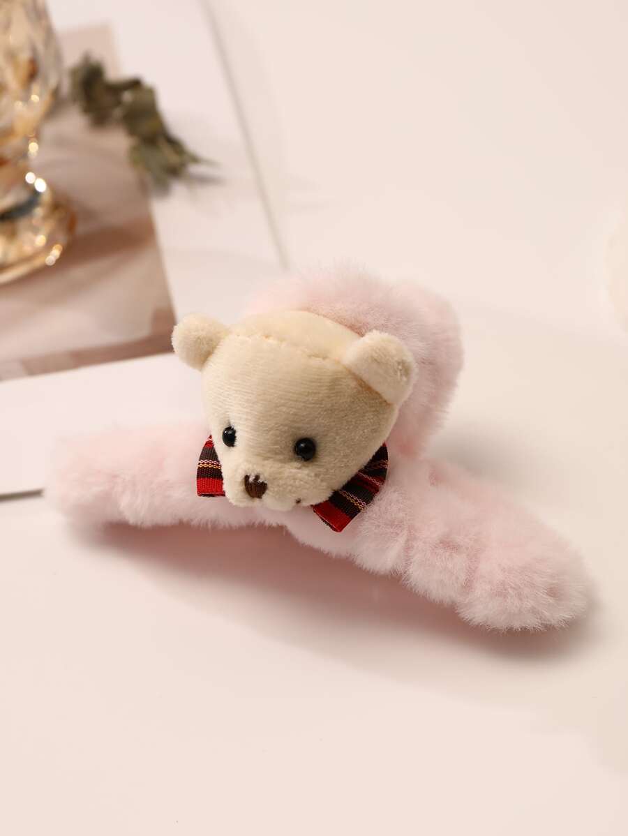 Cartoon Bear Head Decor Fuzzy Hair Claw - Pink - View 1