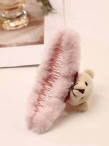 Cartoon Bear Head Decor Fuzzy Hair Claw - Pink - View 4