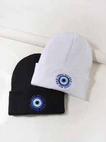 Mắt ác & khẩu hiệu thêu cuff Beanie - màu đen - Xem 1