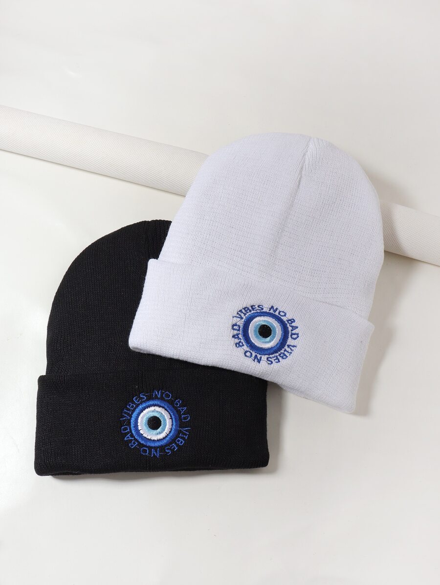 Mắt ác & khẩu hiệu thêu cuff Beanie - màu đen - Xem 1