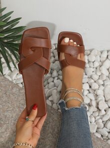 女士扭結細節露趾時尚素色戶外平底涼鞋 - 咖啡棕 - 查看 1