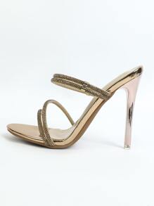 Rhinestone Decor Stiletto Heeled Mule Sandals - Gold - View 4