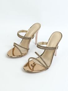 Rhinestone Decor Stiletto Heeled Mule Sandals - Gold - View 5