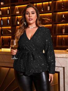 SHEIN Privé Plus Surplice Neck Belted Sequin Blouse - Black - View 1