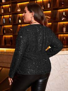 SHEIN Privé Plus Surplice Neck Belted Sequin Blouse - Black - View 2