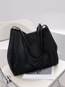 Yogodlns 女士灯芯绒帆布包 复古创意设计单肩包 大容量学生课堂通勤手提包 帆布手提包 女士新款大容量简约学院风时尚百搭休闲单肩包 - 黑色 - 查看 4