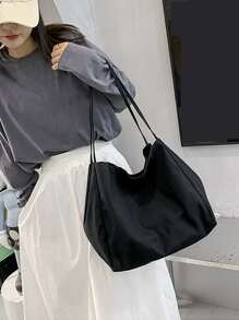 Yogodlns 女士灯芯绒帆布包 复古创意设计单肩包 大容量学生课堂通勤手提包 帆布手提包 女士新款大容量简约学院风时尚百搭休闲单肩包 - 黑色 - 查看 7