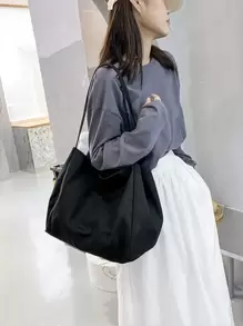 Yogodlns 女士灯芯绒帆布包 复古创意设计单肩包 大容量学生课堂通勤手提包 帆布手提包 女士新款大容量简约学院风时尚百搭休闲单肩包 - 黑色 - 查看 3