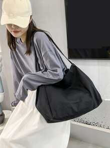 Yogodlns 女士灯芯绒帆布包 复古创意设计单肩包 大容量学生课堂通勤手提包 帆布手提包 女士新款大容量简约学院风时尚百搭休闲单肩包 - 黑色 - 查看 5