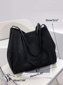 Yogodlns 女士灯芯绒帆布包 复古创意设计单肩包 大容量学生课堂通勤手提包 帆布手提包 女士新款大容量简约学院风时尚百搭休闲单肩包 - 黑色 - 查看 8