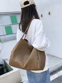 Yogodlns Ladies Corduroy Canvas Bags Retro Creative Designed Shoulder Bag Large Capacity Students Classroom Commuter Tote Bags Canvas Tote Bag Women's New High Capacity And Minimalist College Style Fashion Versatile Casual Shoulder Bag - Brown - View 4