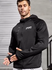 Hombres Cazadora deportiva con estampado de letra de manga raglán con capucha - Negro - Ver 1