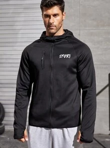 Hombres Cazadora deportiva con estampado de letra de manga raglán con capucha - Negro - Ver 4