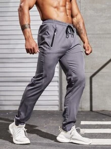 Fitness Men Slant Pocket Drawstring Waist Sports Trousers - Grey - View 1