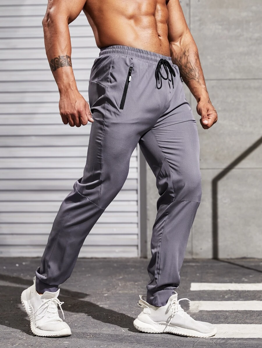 Fitness Men Slant Pocket Drawstring Waist Sports Trousers - Grey - View 1
