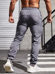 Fitness Men Slant Pocket Drawstring Waist Sports Trousers - Grey - View 2