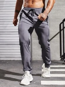 Fitness Men Slant Pocket Drawstring Waist Sports Trousers - Grey - View 4