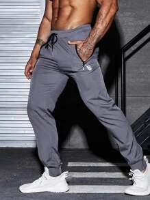 Fitness Men Slant Pocket Drawstring Waist Sports Trousers - Grey - View 5
