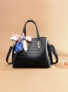 Crocodile Embossed Skinny Scarf Decor Top Handle Bag