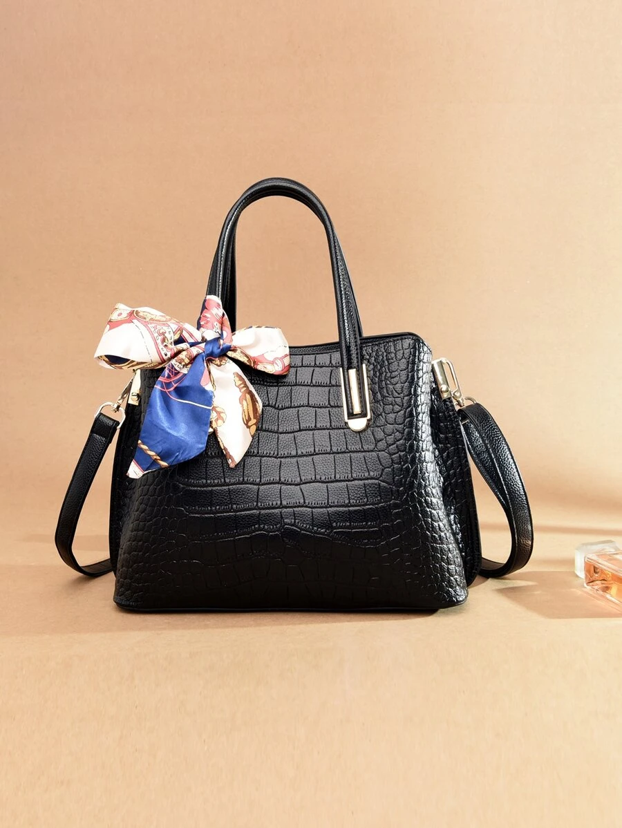 Crocodile Embossed Skinny Scarf Decor Top Handle Bag