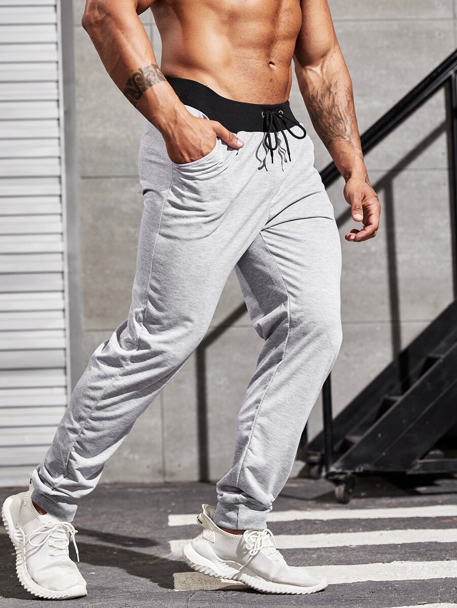 SHEIN Fitness Men Drawstring Waist Slant Pocket Sports Trousers - Light Grey - View 1