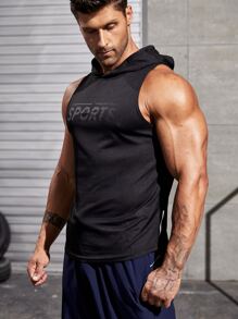 Fitness Men Letter Graphic Hooded Sports Tank Top Compression Shirt Men - Black - View 1